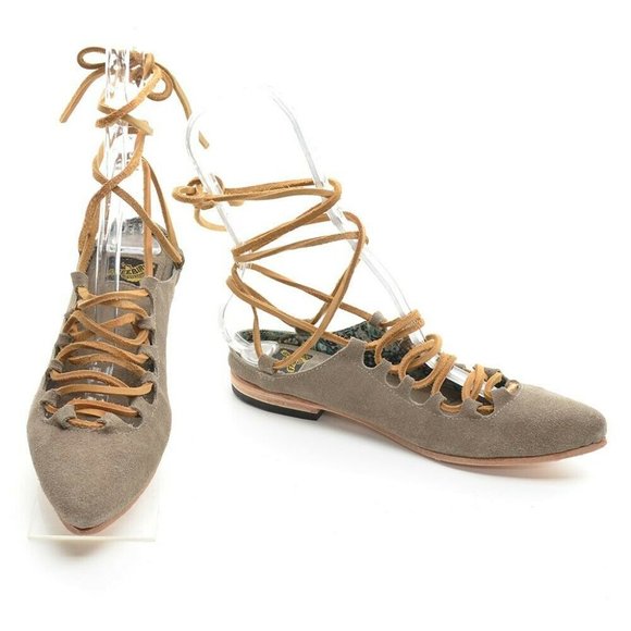 Freebird Enya Taupe Leather Ankle Tie Flats 7 M New - Picture 2 of 7